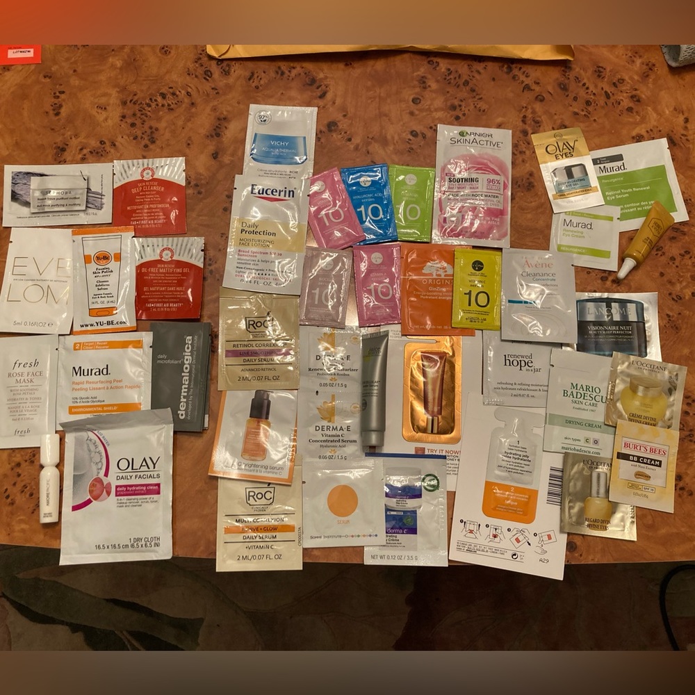 42 skin care samples: masks, cleansers, peels, serums, moisturizers, creams, eye